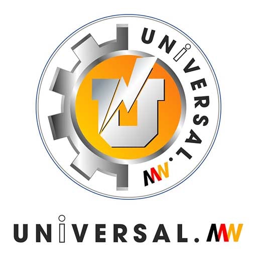 Universal.M.W company logo with gear, letter U, and lightning bolt. And Universal.MW text down