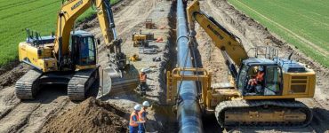 Bagger und Seitenauslegerfahrer positionieren Öl- und Gasrohre auf einer Baustelle