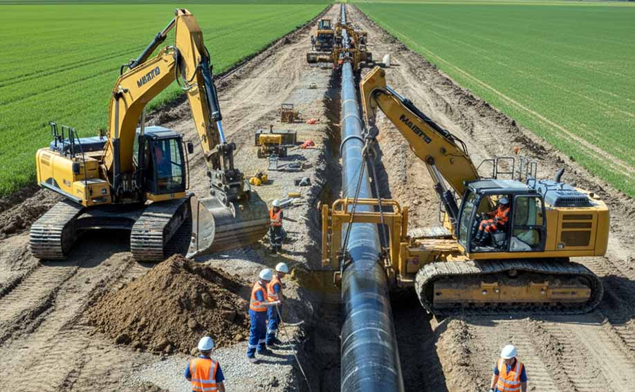 Bagger und Seitenauslegerfahrer positionieren Öl und Gasrohre auf einer Baustelle in Deutschland