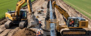 Excavator and sideboom operators positioning large oil and gas pipelines on a construction site in Germany