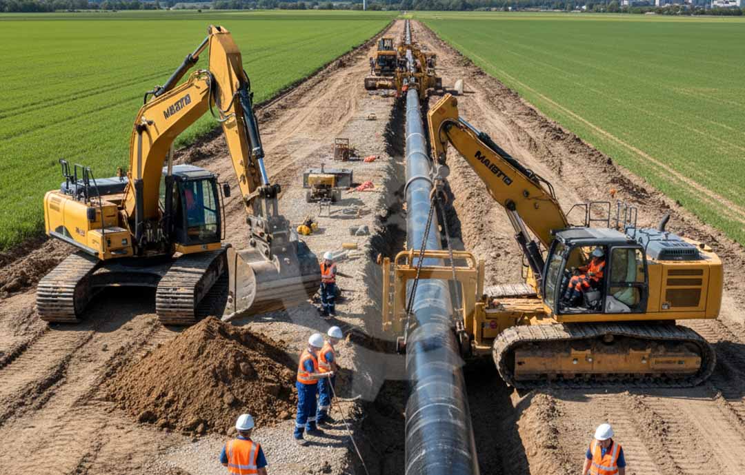 Excavator and sideboom operators positioning oil and gas pipelines on site in Germany