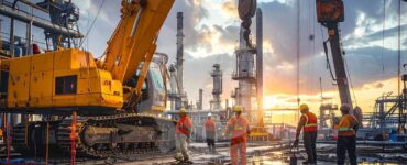 Mechanical engineers assembling heavy industrial equipment for oil and gas operations