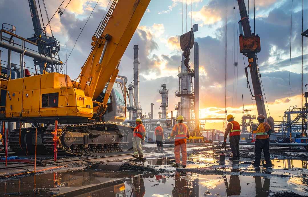 Mechanical engineers assembling heavy industrial equipment for oil and gas operations