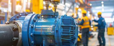 Eine robuste, blaue Flüssigkeitsförderpumpe wird auf einem Fabrikboden vorbereitet oder inspiziert, was die industrielle Technik und Fertigung hervorhebt