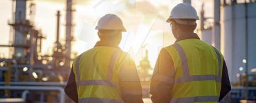 Zwei Arbeiter in Schutzhelmen und Warnwesten blicken bei Sonnenuntergang auf eine petrochemische Anlage oder Ölraffinerie