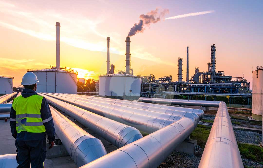 Oil and gas field operation showing advanced equipment and skilled workers ensuring safe, efficient production