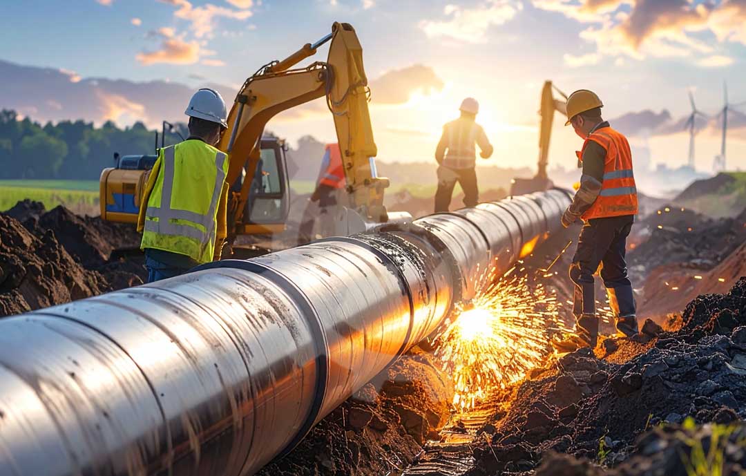 Pipeline construction site with workers installing large pipelines for the oil and gas industry
