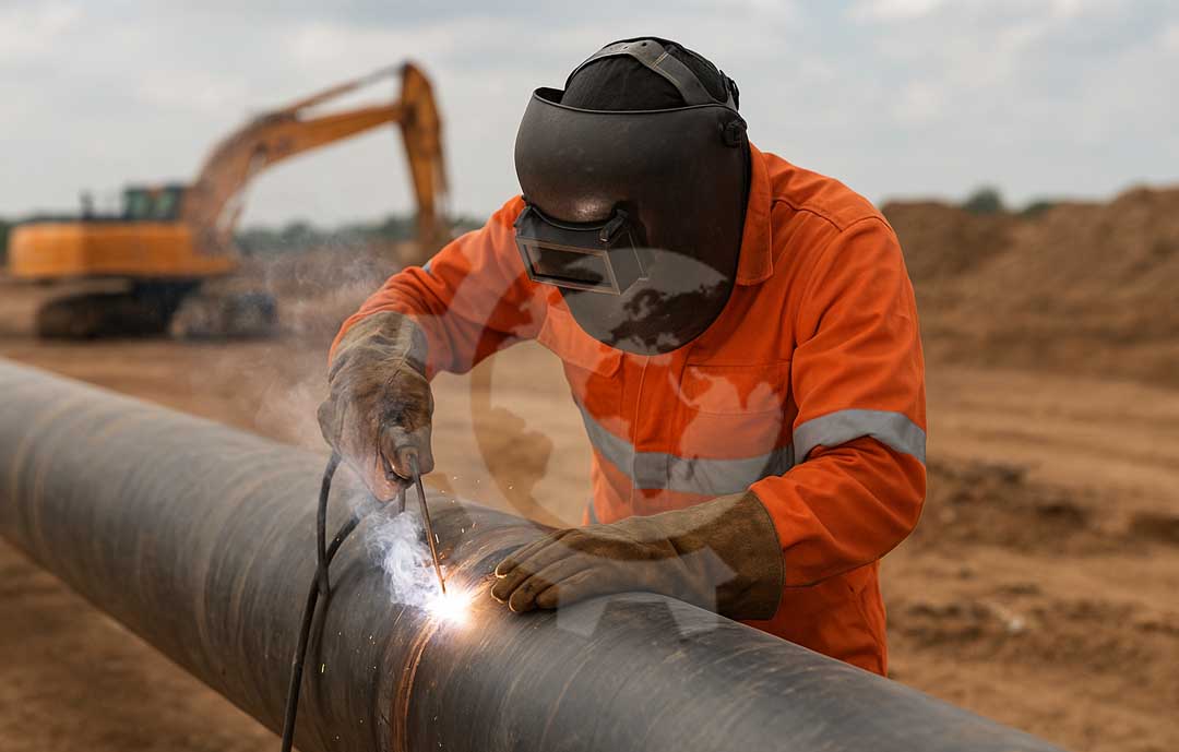 pipeline welder Welder in safety gear welding a large steel pipeline at a construction site with an excavator in the background