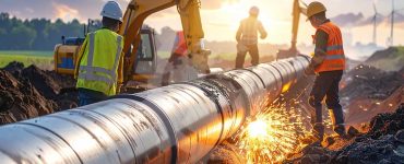 Baustelle für Rohrleitungsbau mit Arbeitern, die große Öl und Gasrohre installieren